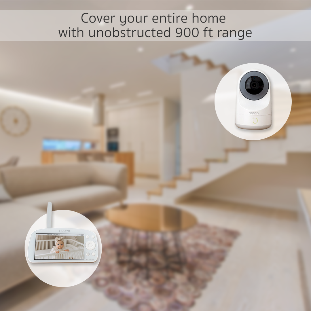 Cover your entire home with unobstructed 900 ft range. Neero is designed to easily cover your entire home with an unobstructed range of 900 feet and wireless transmission of 2.4GHz FHSS 700 - 900 (210m - 270m) to provide reliable and secure transmission with an antenna inside. Feel secure anywhere in the house, knowing you and your baby are connected.