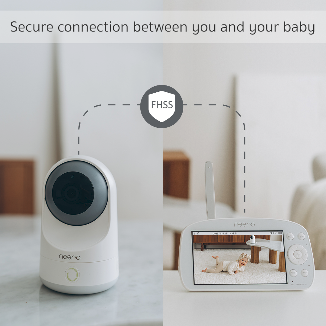 Secure connection between you and your baby. As a parent, you deserve complete control over who is able to access your baby's feed. Enjoy ultimate peace of mind knowing that no one can compromise your privacy with a seamless and secure 2.4GHz FHSS connection that protects your Neero baby monitor from interference, hacking, and unauthorized access.