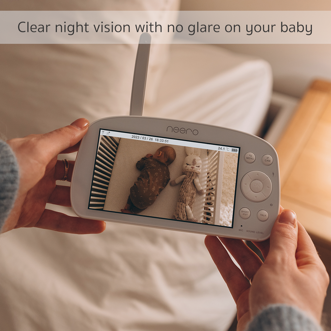 Clear night vision with no glare on your baby. Neero features a touch-enabled 2800k warm light mode, which can be easily switched on and off with the simple touch of a button. The calming, gentle glow of our night light helps to promote a healthy sleep environment while providing a sense of comfort and security while your baby sleeps.